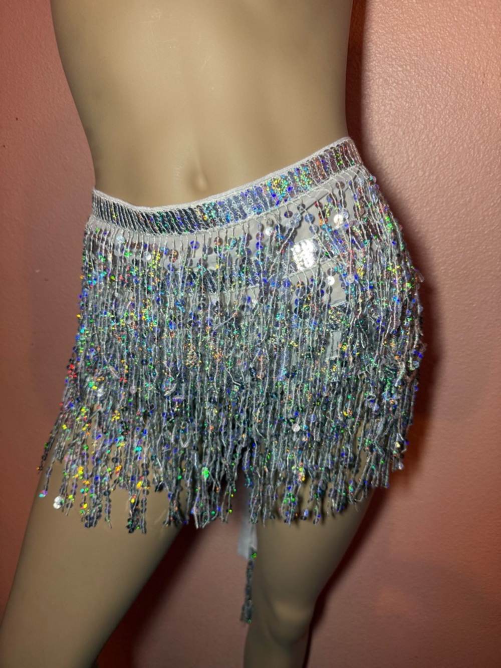 Silver Holographic Fringe Sequin Festival tie skirt